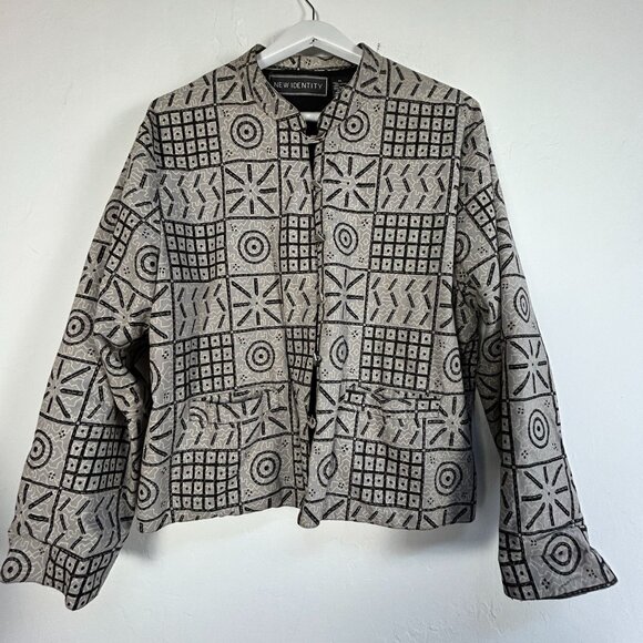 New Identity Womens Geometric Print Unique Button Front Jacket XL Black Gray - Picture 1 of 12